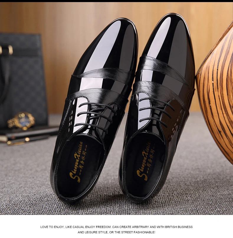 Высокое качество блестящий Искусственная кожа Для мужчин Полуботинки, платье, обувь; модная женская обувь; на шнуровке; свадебные черная обувь Для мужчин s острый носок формальные офисные туфли 99780