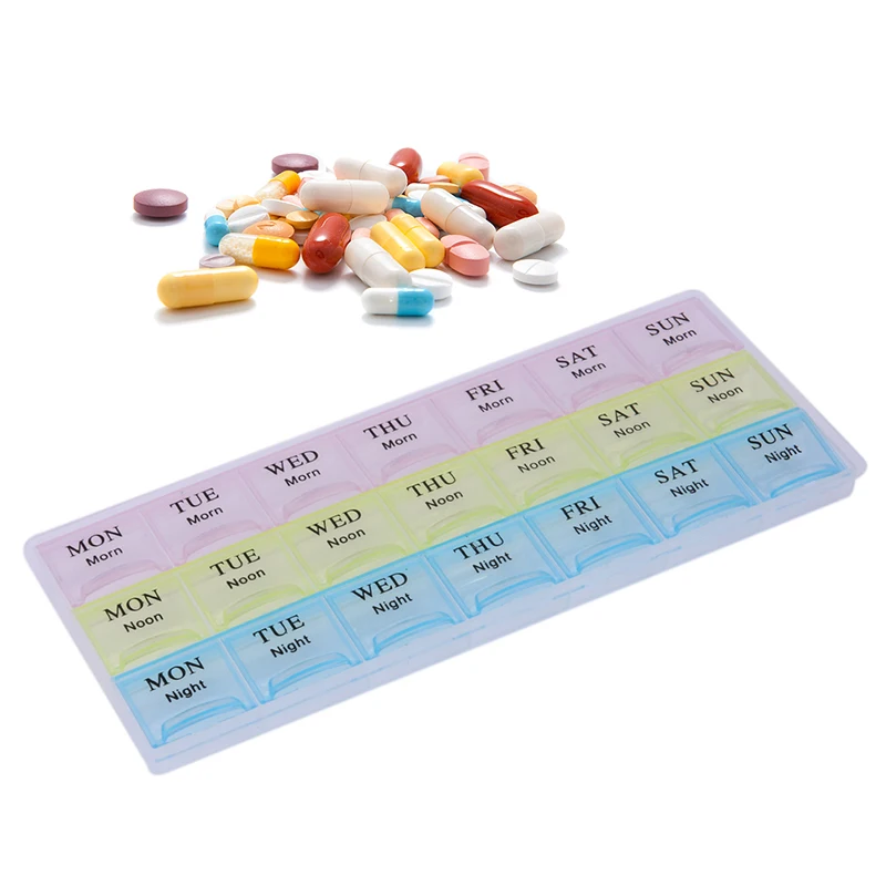 

Weekly 7 Days 21 Compartment Lid Tablet Pill Cases Box Holder Medicine Storage Organizer Container Transparent Rhinestones Case