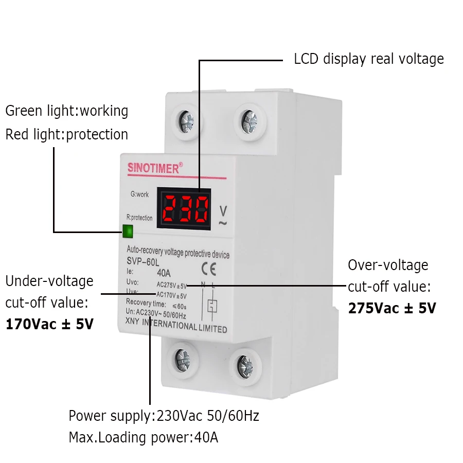 SVP-60L 40A 230V AC цифровой Напряжение Дисплей Din Rail защитный Напряжение реле Мини Размер 35 мм над и под Напряжение протектор