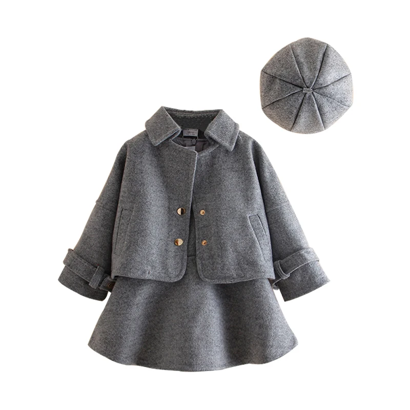 Children's clothes 2018 spring and winter style infant baby kids clothing sets girls wool coat and dress and hat 3pieces jackets