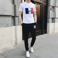 Мужская спортивная одежда летние спортивные костюмы с коротким рукавом модная повседневная облегающая спортивная одежда с круглым вырезом Мужская черная и белая