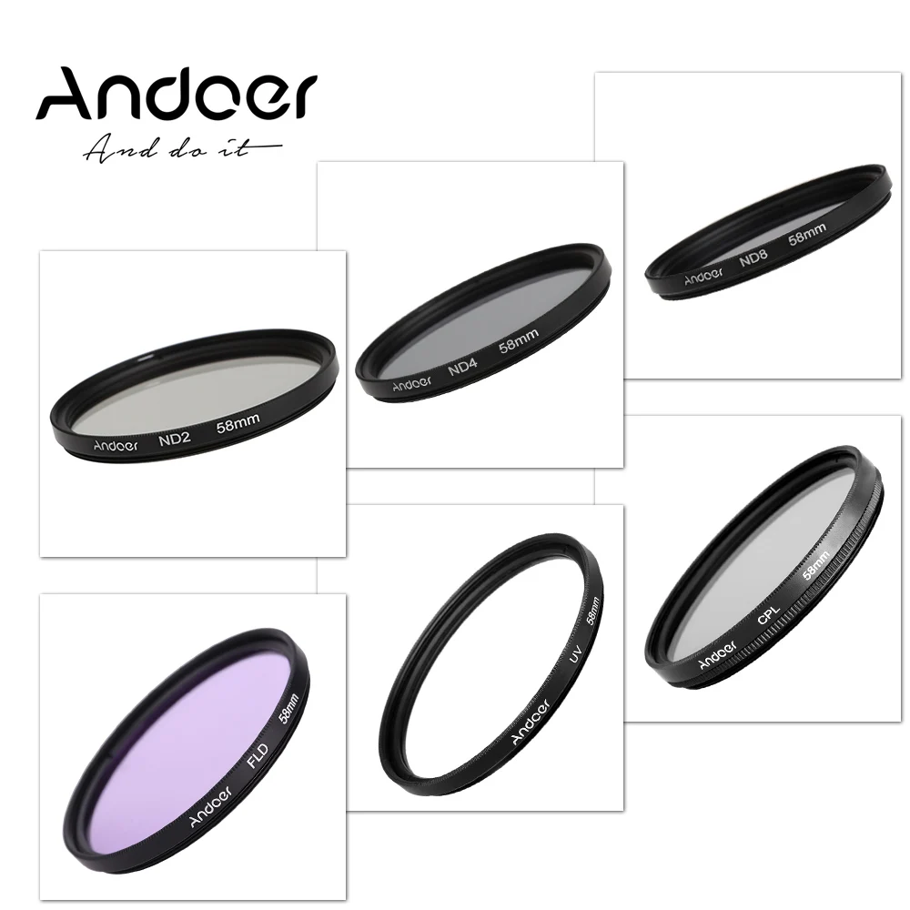 Andoer 58mm UV+CPL+FLD+ND(ND2 ND4 ND8) Photography Lens Filter Kit for
