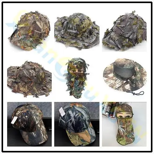 3D outdoor Geely clothing full face mask hood headgear Camo leaves caps fishing camouflage hunting hat headwear masks