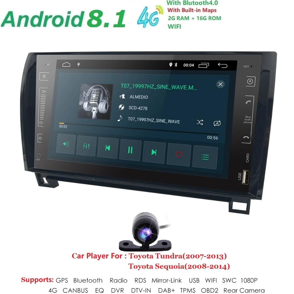 Excellent 9 Inch 2 Din HD 1024x600 QuadCore Android8.1 Car NODVD GPS For Toyota Tundra Sequoia 2008-2013 Stereo Radio 4G WiFi OBD DVR DAB+ 3