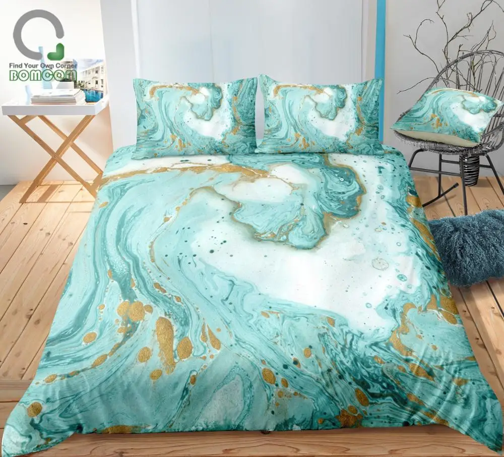 

BOMCOM 3D Digital Printing Duvet Cover Set Natural Luxury Marble Texture Ink Waves Bedding Set 100% Microfiber Turquoise Golden