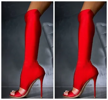 

2017 Peep Toe knee high gladiator sandals Women high stretch fabric Women Pumps High Heels Summer Style Long Boots shoes woman