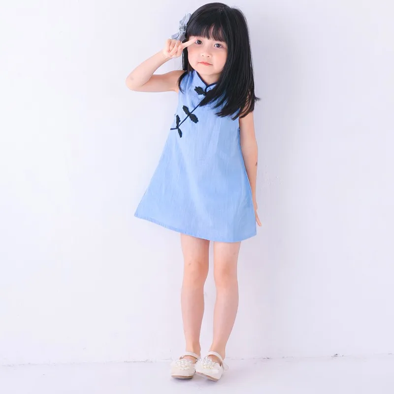 

2018 Chinese Style Baby Girls Dress Flower Print Kids Cotton Linen Sleeveless Dresses Party Costume Children Clothe