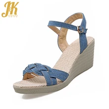 Summer Popular Ankle Strap Women Sandals Wedges Med Heels Buckle Shoes Woman Denim Women Shoes 2017 New Style Sandalias Mujer