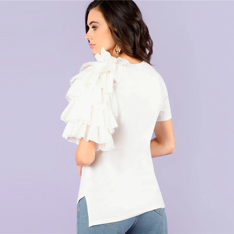 Sheinside Plain White Layered Sleeve Workwear Tops Office Ladies Ruffle Regular Fit Stretch Casual Women Summer T-shirt