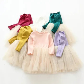 

Girls cotton stitching mesh candy color dress 2018 autumn new dress children's clothes autumn 2 to 6 years old baby girl