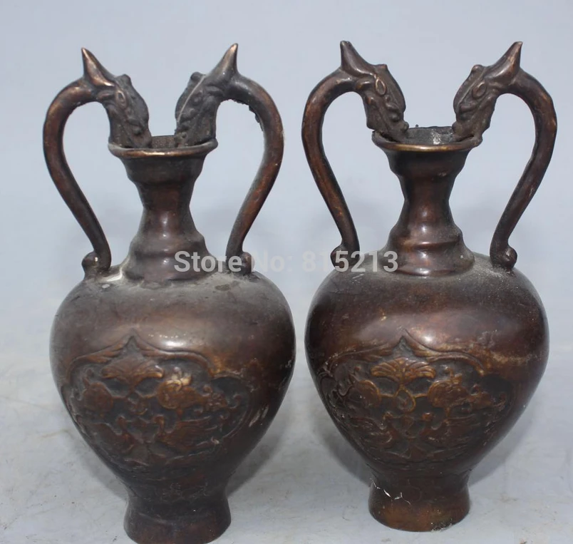 

bi00760 Marked Chinese Bronze Auspicious Emperor Dragon Flower Vase Bowl Pot Pair Statue