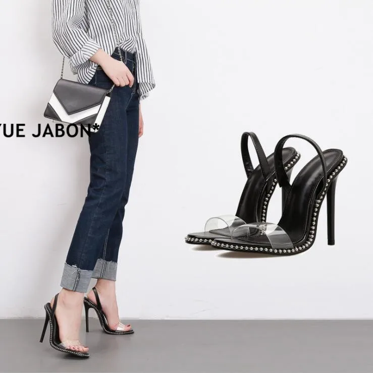 

2019 New Brand PVC Women Pumps Sexy Clear Transparent Slip On High Heels Party Sandalias Open Toe Rivet Women Shoes Sapatos