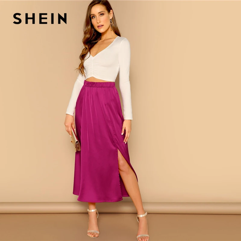 SHEIN Однотонная Атласная Юбка С Разрезом Весенняя Юбка С Эластичной Талией Женские Элегантные Юбки