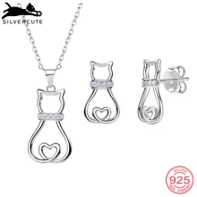 SILVERCUTE кошка ожерелье с котенком серьги гвоздики 925 серебряные ювелирные наборы для женщин фианиты ансамбль bijoux femme SCPE6001B
