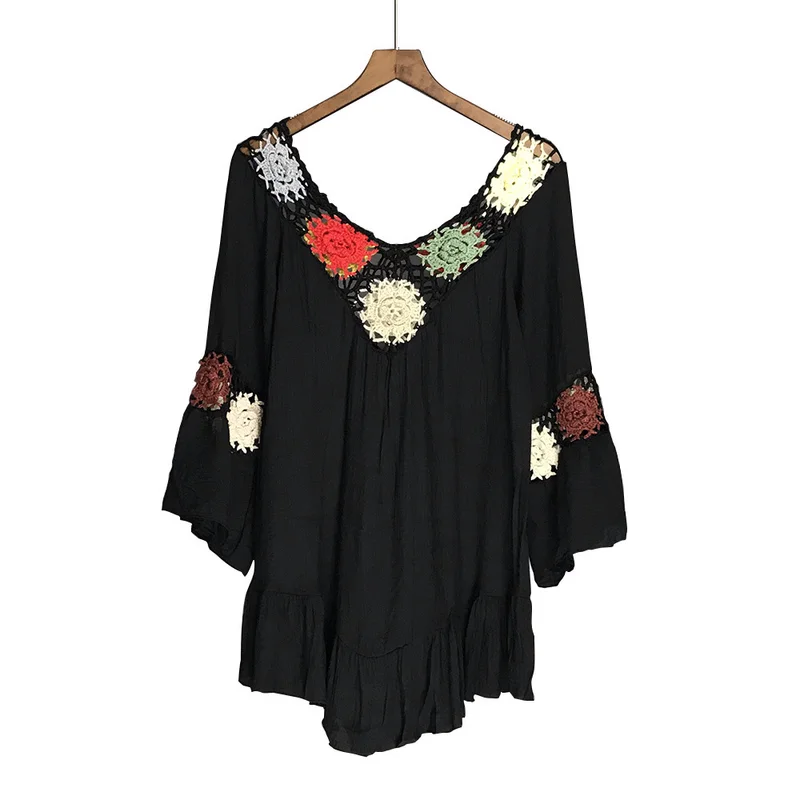 

Women Tops and Blouses Multicolor Hand Hook Flower Chiffon Stitching Female Bohemia Beach Sun Protection Clothing Casual Shirt