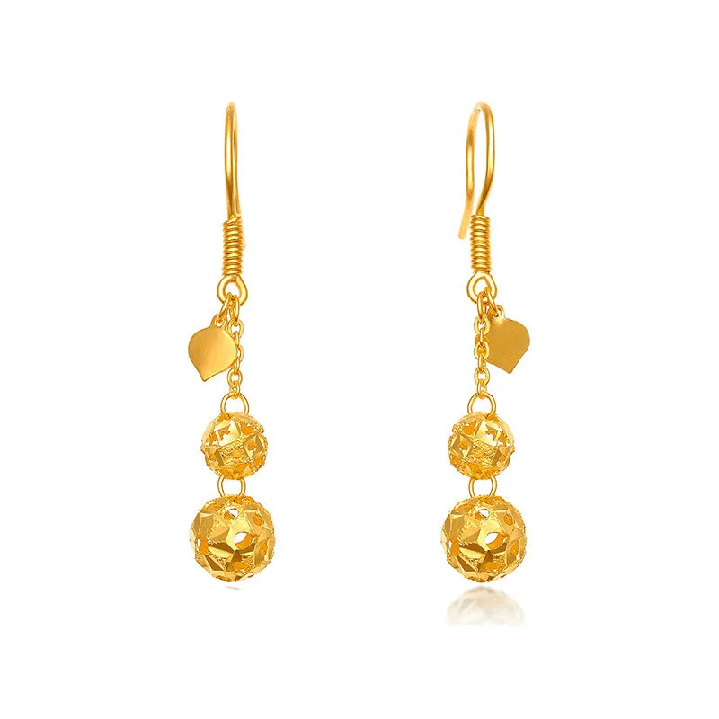 Pure 999 24K Yellow Gold Earrings Women 999 Gold Hollow Ball Dangle