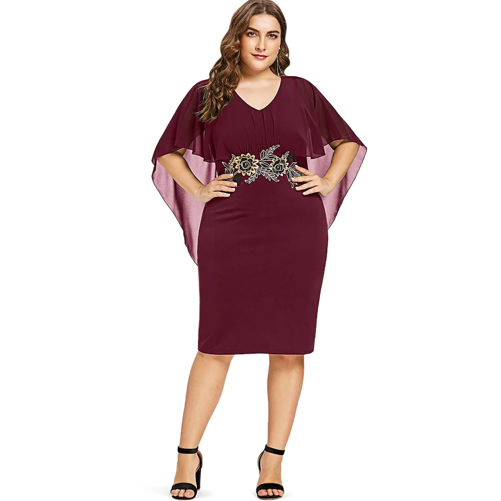 

Wipalo Women Fashions Plus Size 5XL Embroidery Capelet Semi Sheer V Neck Party Dress Half Sleeves Sheath Dress Vestidos Big Size