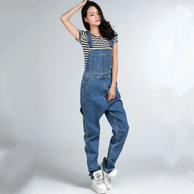 Free Shipping 2021 Fashion Boyfriend Style Loose Plus Size 28-46 Denim Bib Overalls Pants Hiphop Jumpsuit And Rompers tall Women aimsnug plus size women fashion jeans demin jumpsuit sexy flare pants dark blue denim bodysuits 2021 single breasted overalls