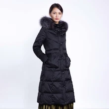 Бренд зимний женский пуховик элегантный тонкий удлиненный с большим натуральным лисьим меховым воротником с капюшоном Теплый пуховик AO634