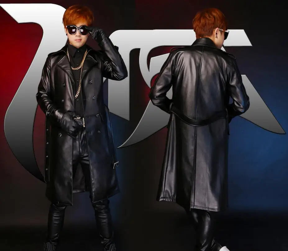Мужской брендовый тонкий кожаный тренчкот мужское длинное пальто GD Bigbang 4XL 5XL