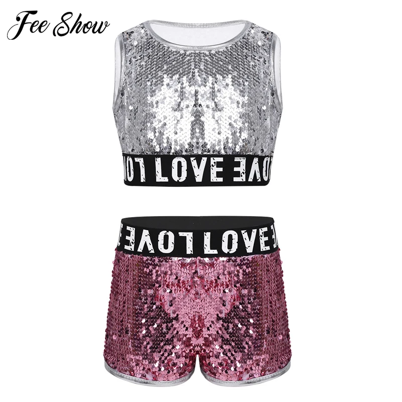 

Children Kids Girl Sequin Dancing Pink Silver Sleeveless Crop Top with Shorts 2pcs Sets Hip-hop Jazz Dance Clothes Children Sets