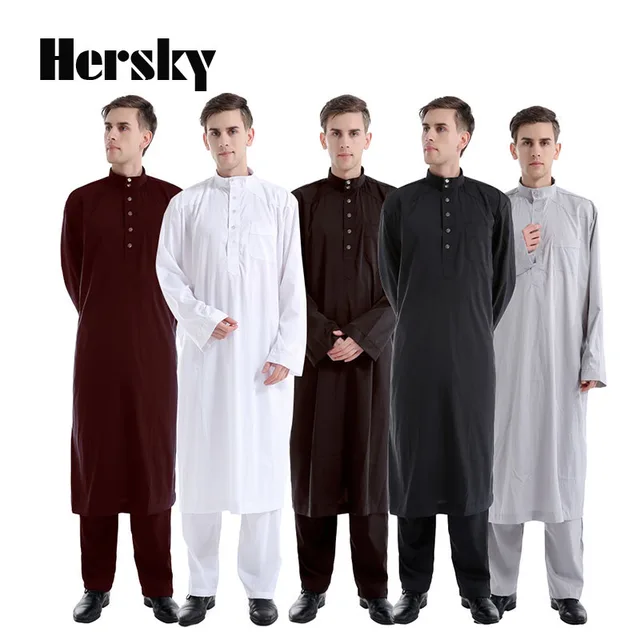 Two piece Muslim Men Abaya and Pants Suit Arab Dubai Kaftan Abayas Plus Size Islamic Solid Color