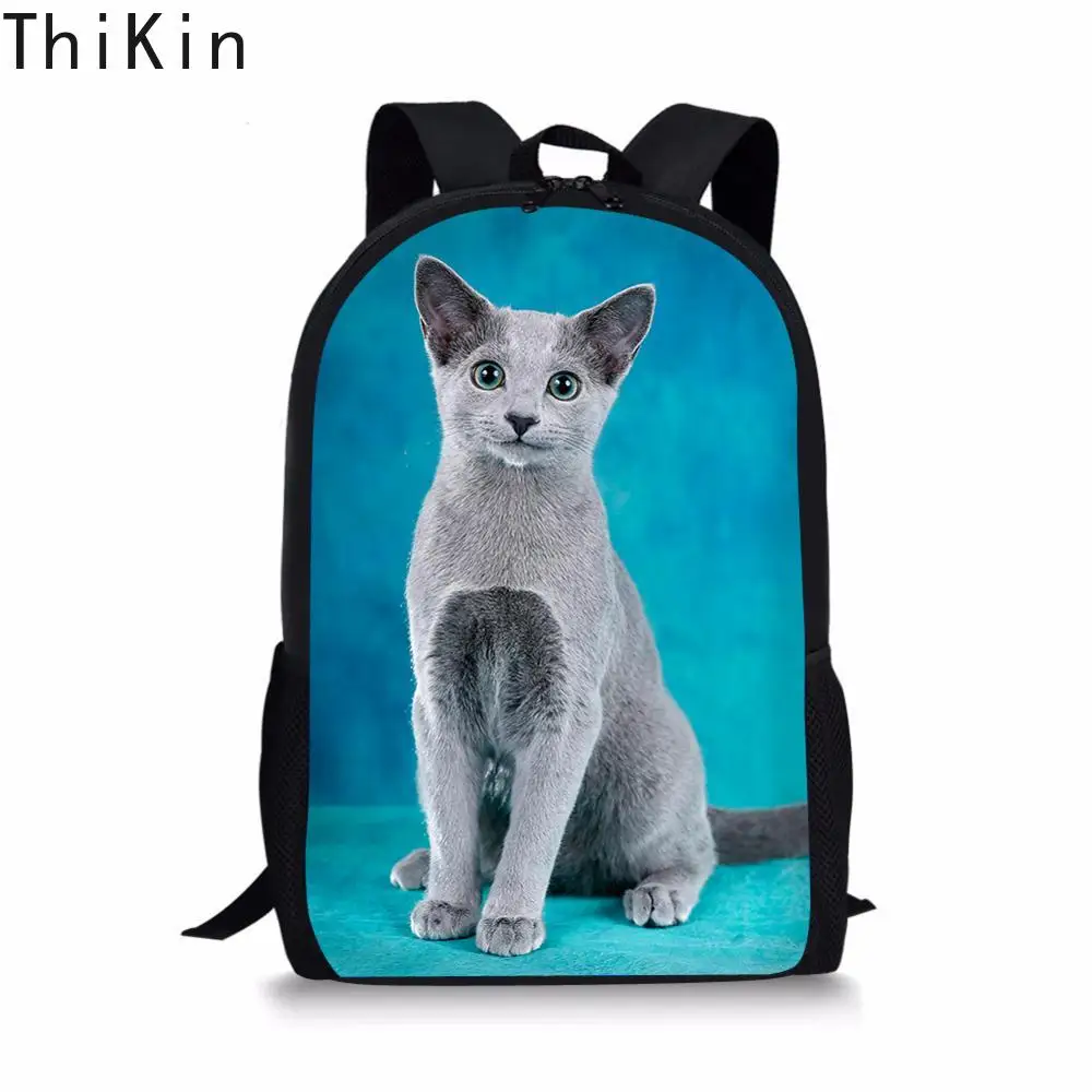 THIKIN 3D Cute Russian Blue Cat Printing School Bags Backpack for Girls Boys Orthopedic Daypack Children Book Bag Custom Image | Багаж и
