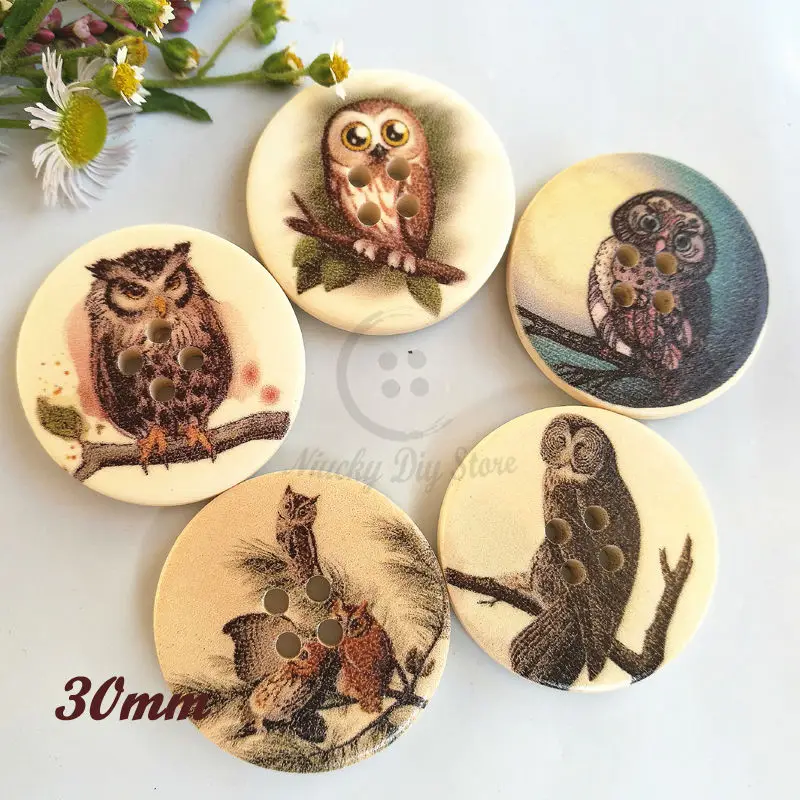 

48pcs 30mm 4 holes owl patterns wood buttons for sewing craft scrapbooking sewing decorative accessories