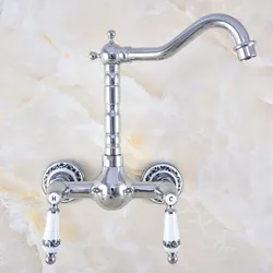 Polished Chrome Brass Wall Mount Kitchen Sink Faucet Swivel Spout Mixer Tap Dual Ceramics Handles Levers anf569