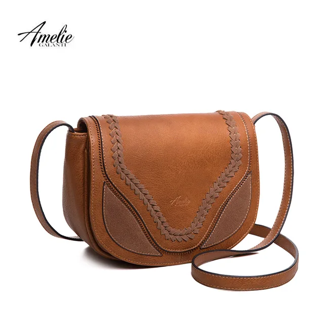 AMELIE GALANTI Crossbody Shoulder Bags for Women Causal Hollow Weaving Saddle Handbags Flap Solid Soft High Quality PU Leather