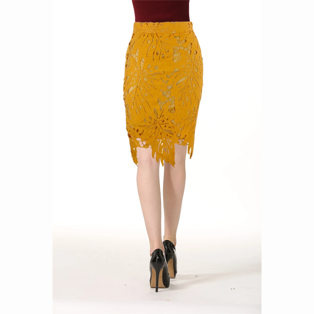 Желтая открытая кружевная Высокая талия длина до колена облегающая тонкая летняя юбка-карандаш Новое поступление европейский стиль Сексуальная Женская юбка
