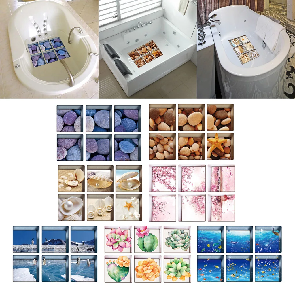  6pcs Non-slip Appliques 3D Effect Anti-slip Bathtub Stickers Tub Tattoos Decals for Home Bathtub Wall Floor Window