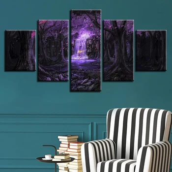 

Wall Art Canvas HD Print Painting Modular Anime Poster 5 Pieces Purple Fantasy Forest Waterfall Pictures Living Room Decor