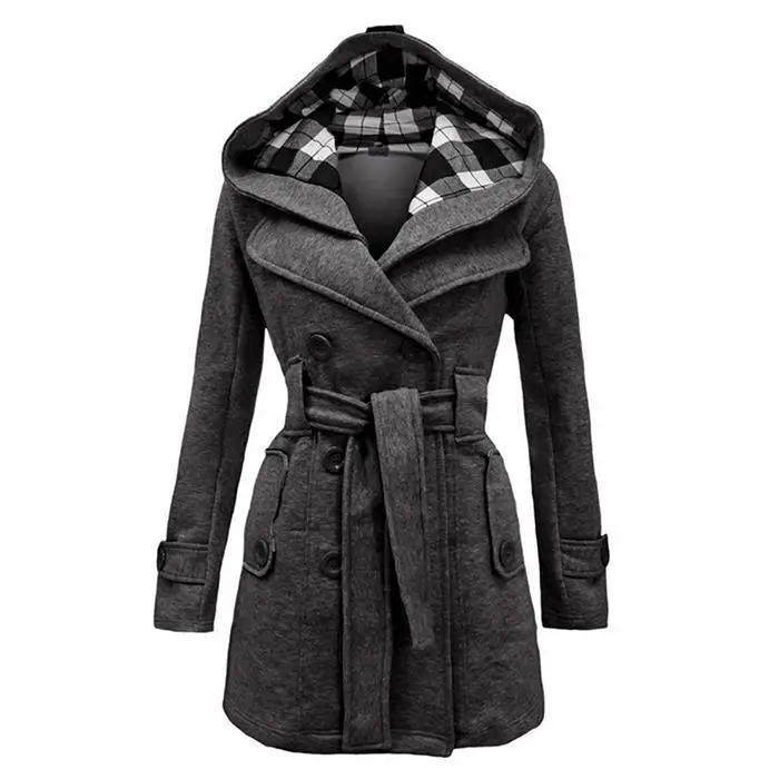 Для женщин на каждый день с капюшоном воротник, длинный рукав, пуговицы, пояс, карман, однотонный двубортное зимнее флисовое пальто