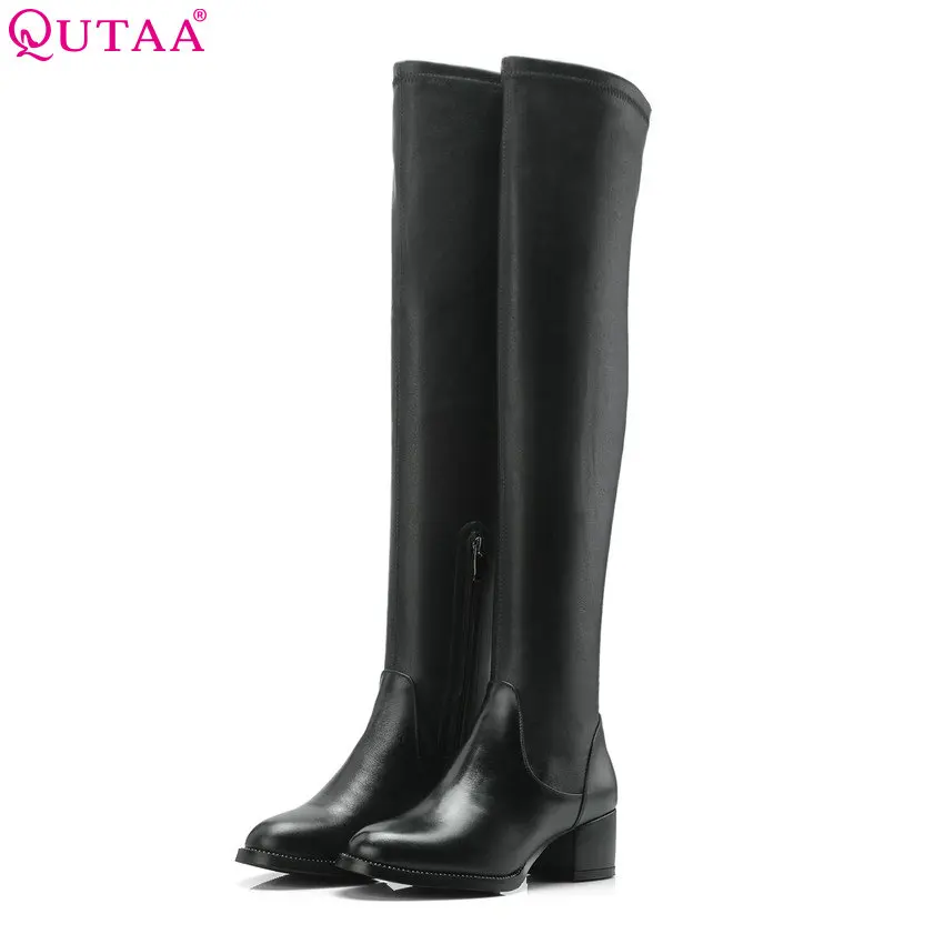 

QUTAA 2019 Women Over The Knee High Heel Round Toe All Match Genuine Leather+pu Square High Heel Women Boots Big Size 34-39