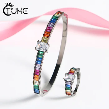 

Square Crystal Bracelet Rings for Women Rainbow Elegant Bangle Rings Jewelry Set Women ridal Wedding Party Gifts