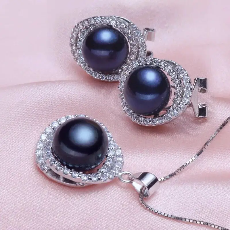 

925 sterling silver natural pearl jewelry sets for women luxury bridesmaid pearl Necklace Pendant earrings girls party gift
