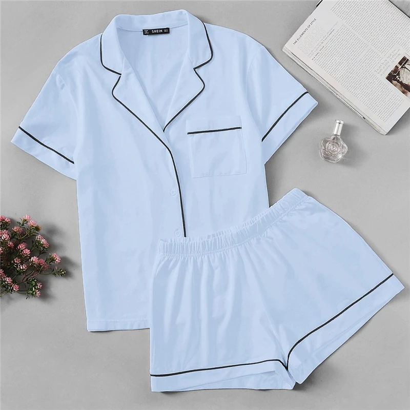 SHEIN контрастная окантовка карман спереди пижамный комплект черный короткий рукав топ с отворотом с эластичной талией шорты женские комплекты из двух предметов