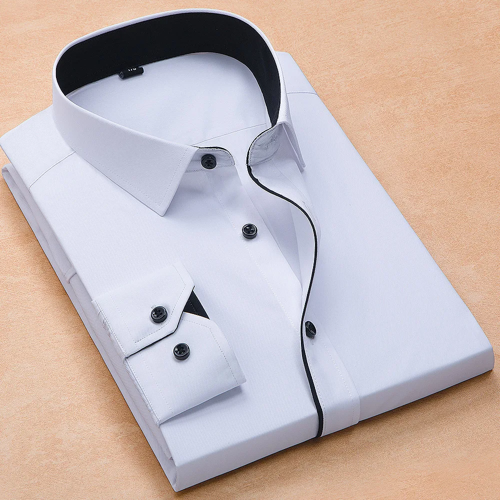 

good Patchwork black button turn down collar long sleeve twill business formal mens dress shirts solid men 's top