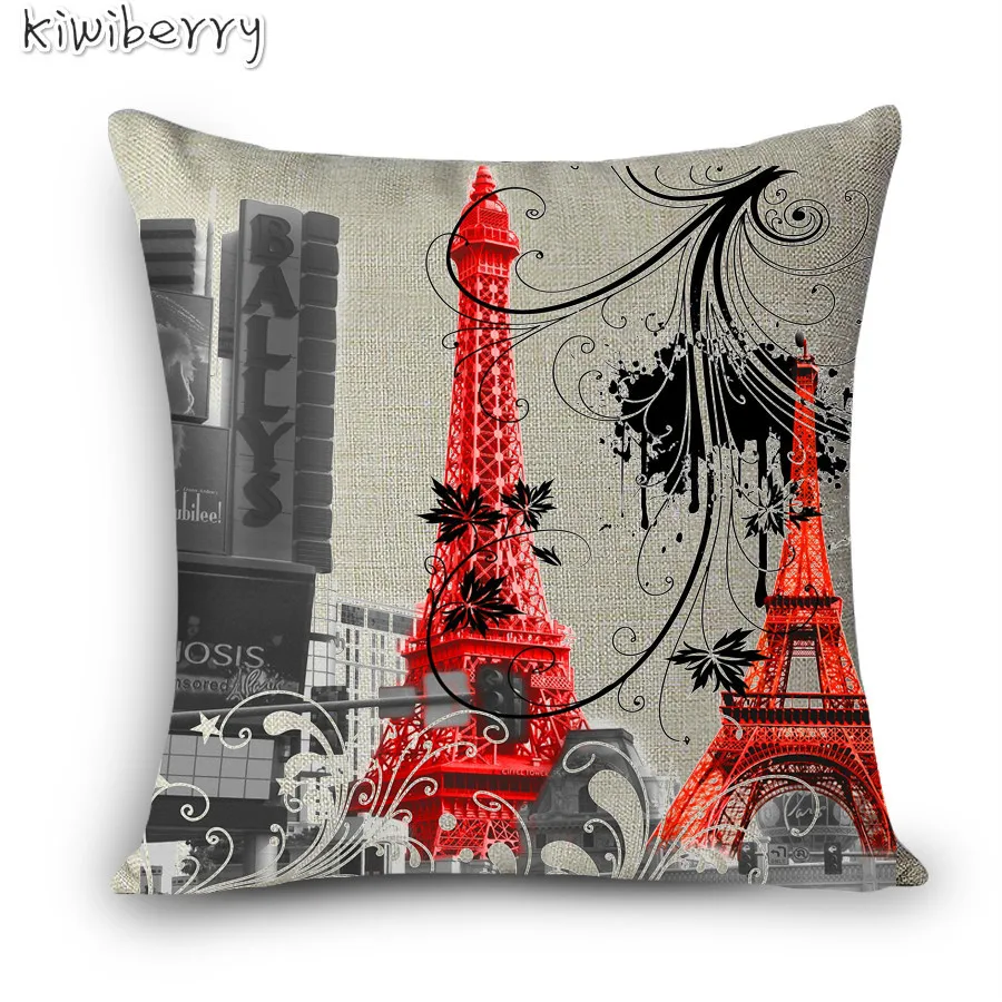 

Paris City Icon Linen Print Cushion For Chair Building Pop Art Throw Pillow Decorative Square Cushions Home Decor