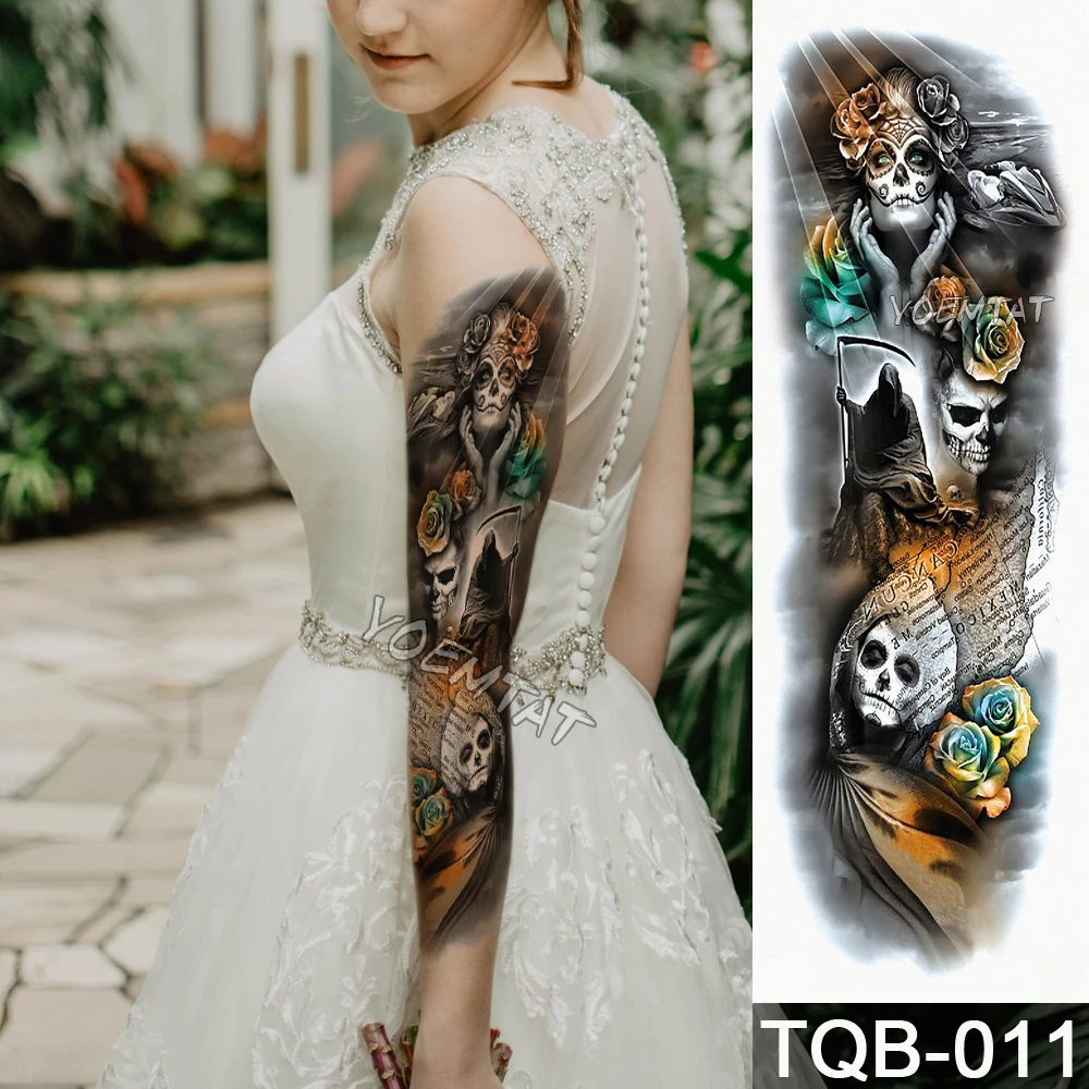 

New 1 Piece Temporary Tattoo Sticker Yellow green Death roses pattern Full Flower Tattoo with Arm Body Art Large Fake Tatto