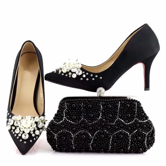 Black clutches bag with full beads pumps women nice elegant 3.3 inches