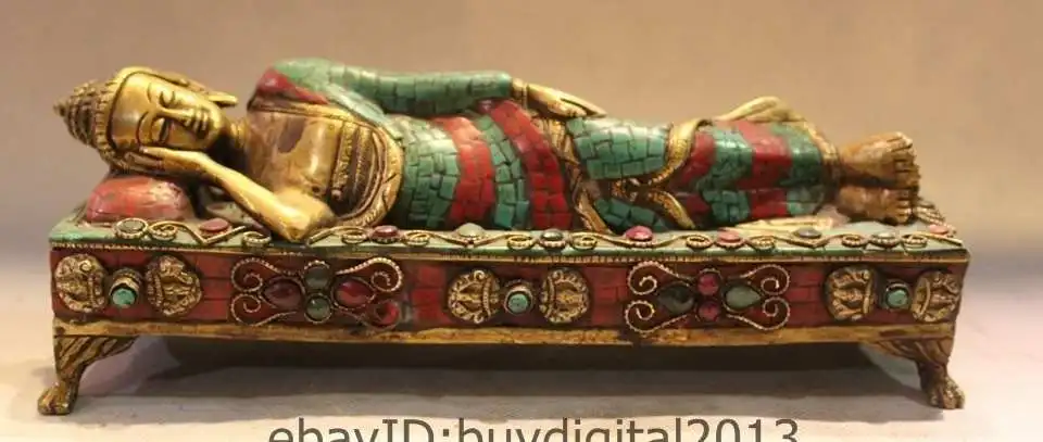 

11"Tibet Buddhism Bronze Gold Turquoise Coral Gem Sleep Shakyamuni Buddha Statue