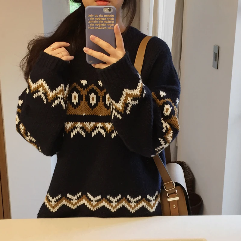 

Women Winter Cristmas Sweater Jacquard Knitted Tops Pullovers Vintage Casual Plus Size Sueter Mujer Maglioni Donna