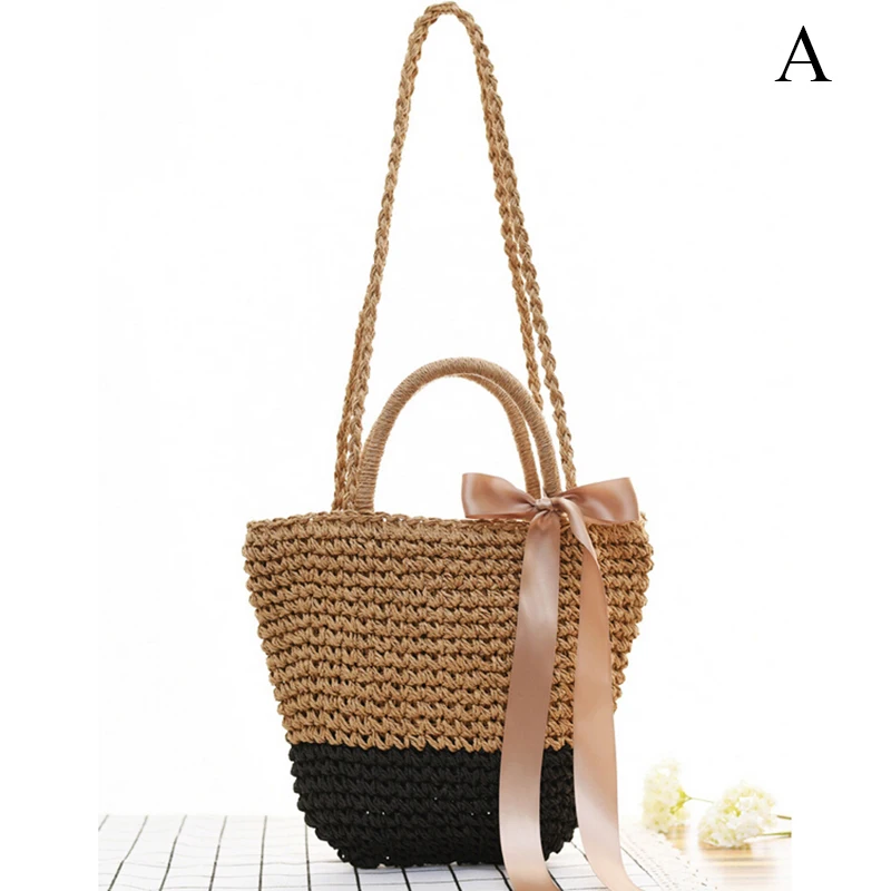 Women Summer Ribbon Bowknot Beach Shoulder Bag Bohemian Straw Woven Handbags Shopping Casual Totes