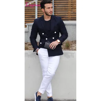 

Linyixun 2018 Navy Blue Double Breasted Men Suit Casual Blazer costume homme Tuxedo Custom Jacket Style mens Suits smoking