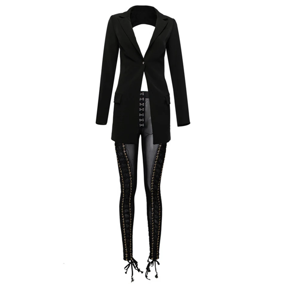 

Cardi B 2 Piece Pants Set Outfit Lace Up Blazer Backless Tassel Eyelet Embellished Buckle V Neck Outwear Sexy Mesh Pants