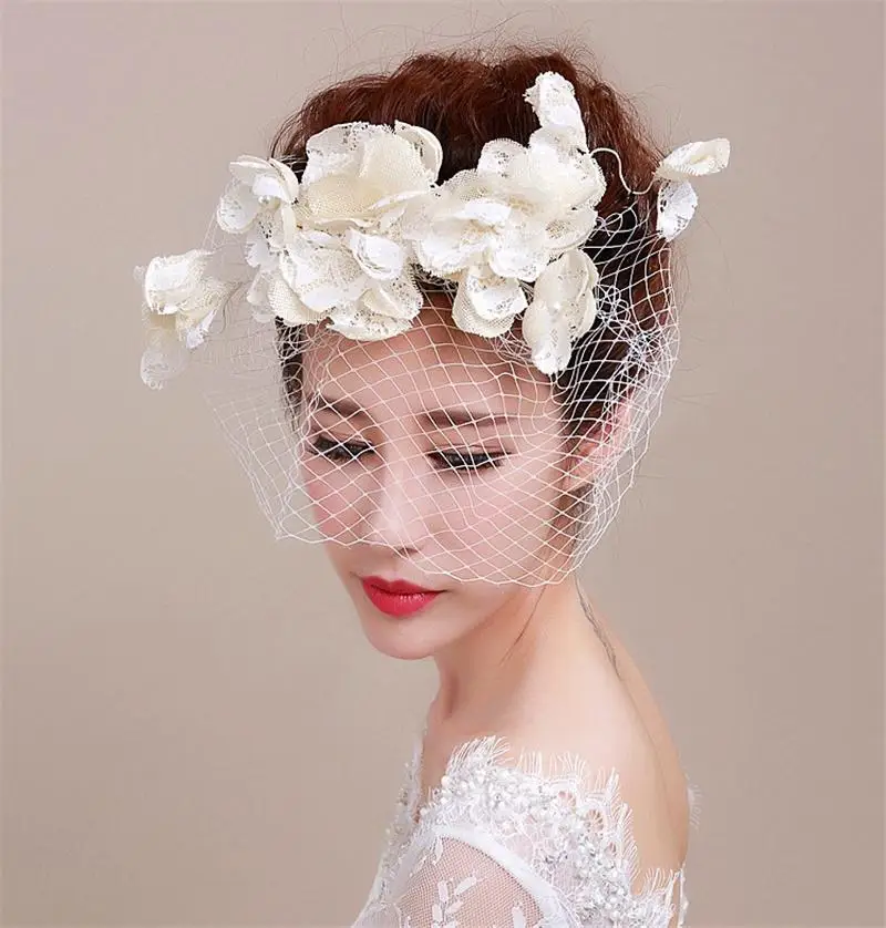 

Flower Fascinator Lace Pearl Simulated Bride Hat Ivory Bridal Flores Veil Hair Clip Accessories Chapeu Feminino Cabelo Acessorio