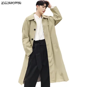 

Men Khaki Trench Jacket Long Style Wind Coat Designer Back Buttoned Mens Loose Trench Coat Turn Down Collar