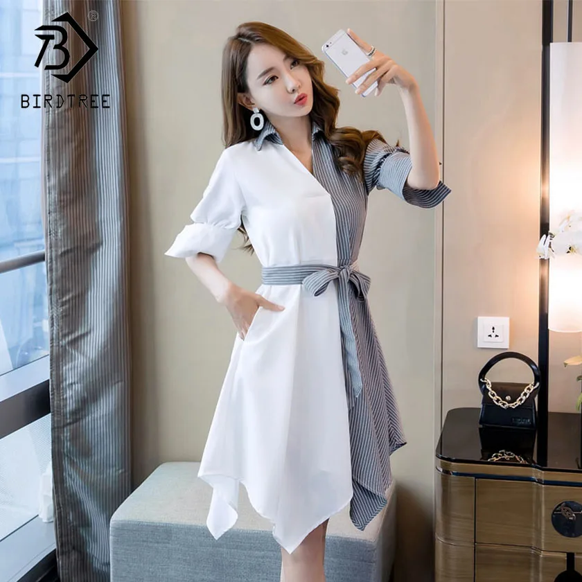 Women Patchwork Sashes Bow Asymmetrical Dress Turn Down Collar Half Sleeve Elegance High Waist Office Lady Shirt Dress D91904I